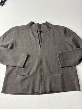 Eileen Fisher Wool Taupe Warm Grey Zip-Front Lightweight Jacket